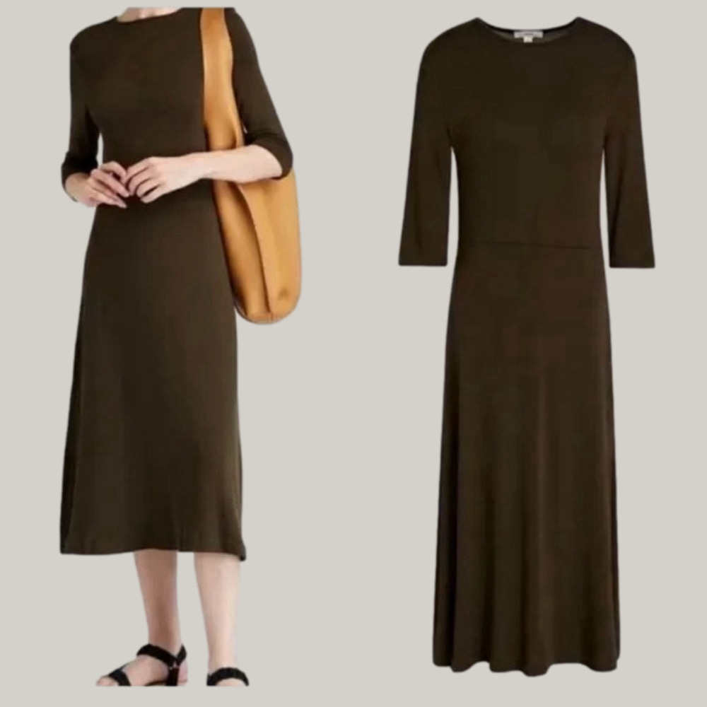 VINCE | Army Green Stretch Elbow Sleeve Jersey Midi Dress Small